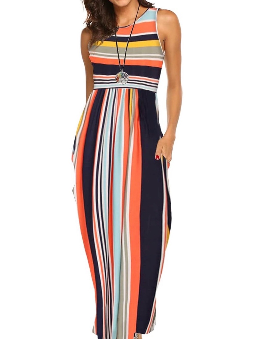 Sleeveless Striped Maxi Dress in Navy, Coral & Aqua